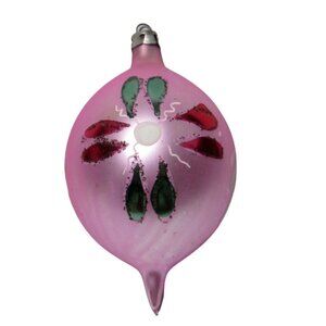 Vtg Poland Christmas Ornament Pink Painted Glass Pointed Teardrop Point Glitter